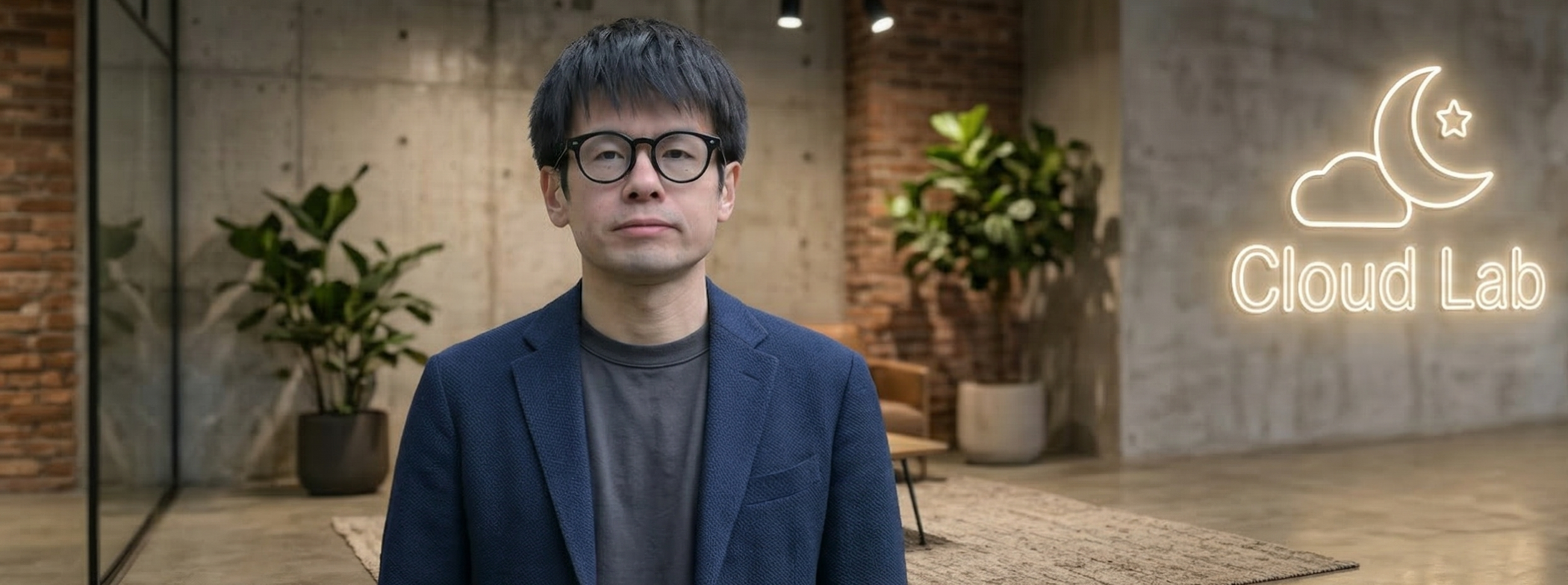 CloudLab代表 岩森吏央。Cloud Labのネオンサインが灯るモダンなオフィスにて。